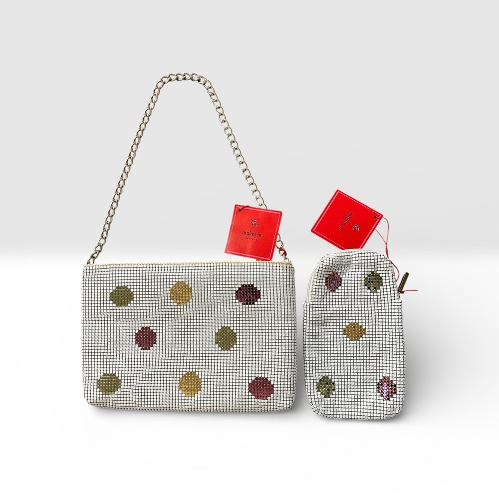 Malini M. Vintage White Metal Mesh Polka Dot Shoulder Bag w Matching glass case